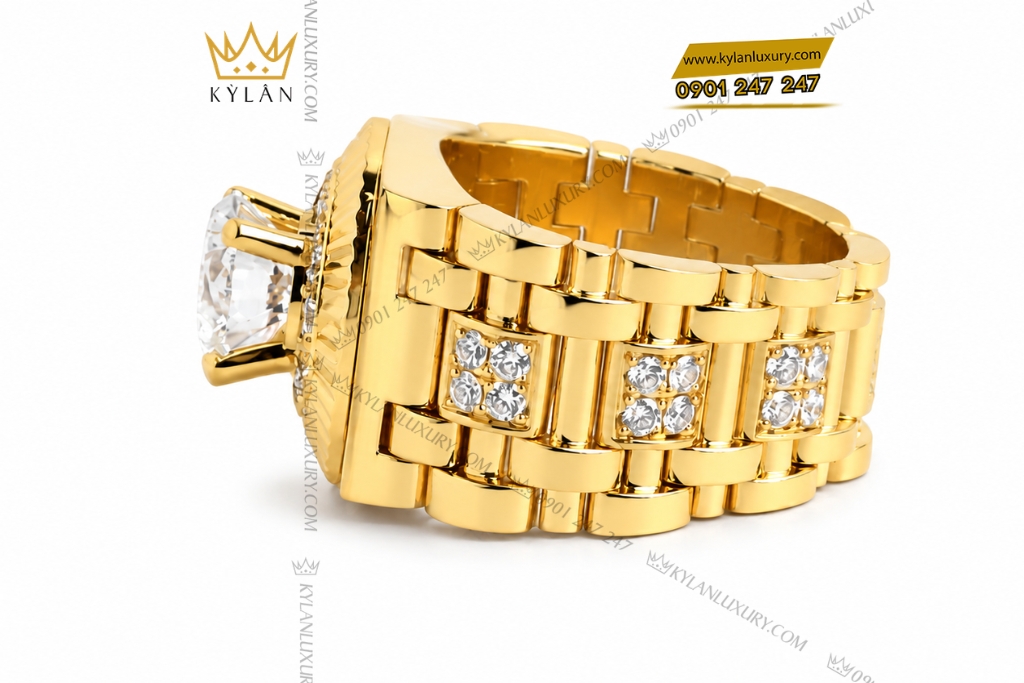 Nhẫn Rolex vàng vàngAu750 đính viên chủ 8ly1