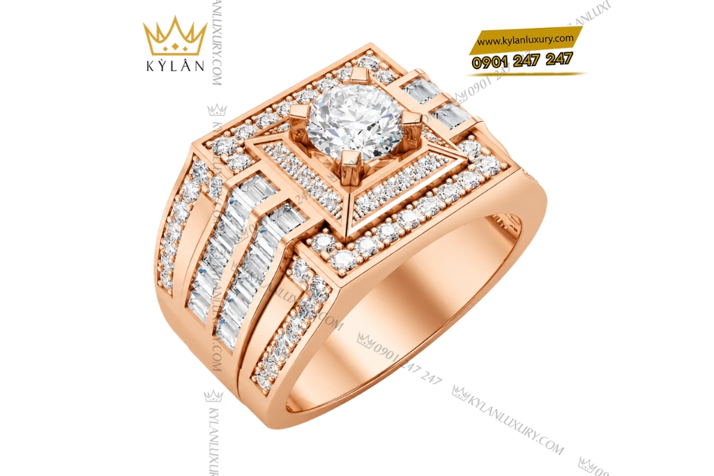 Nhẫn nam vàng hồng Au750 đính kim cương
