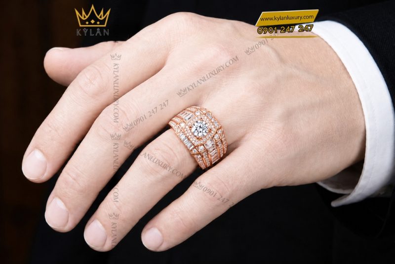 Nhẫn nam vàng hồng Au750 đính kim cương