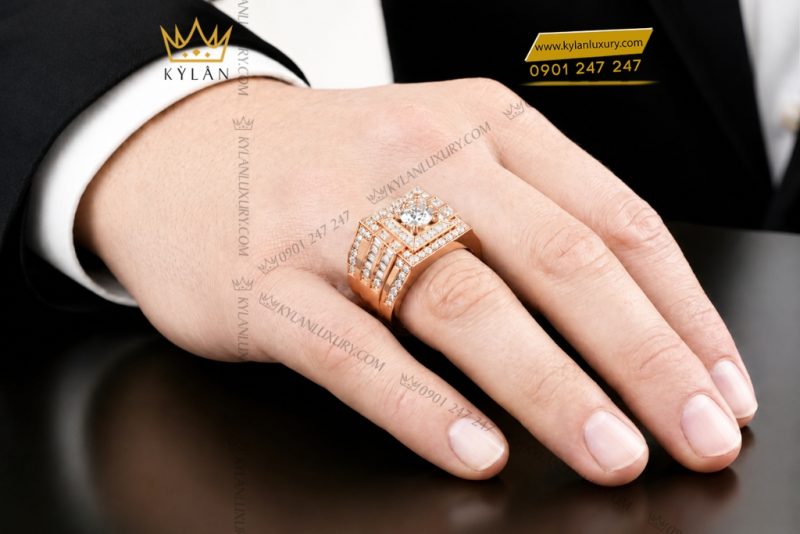 Nhẫn nam vàng hồng Au750 đính kim cương