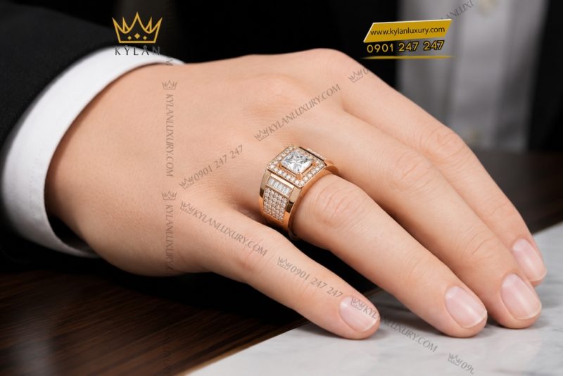 Nhẫn nam vàng hồng Au750 đính kim cương