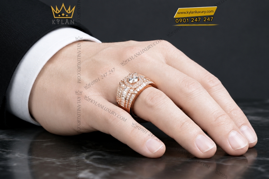 Kỳ Lân Luxury Nhan nam vang hong Au750 dinh kim cuong 17 2 Nhẫn nam vàng hồng Au750 đính kim cương