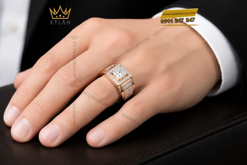 Nhẫn nam vàng hồng Au750 đính kim cương
