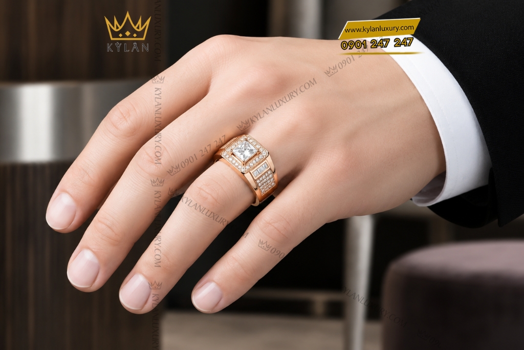 Nhẫn nam vàng hồng Au750 đính kim cương