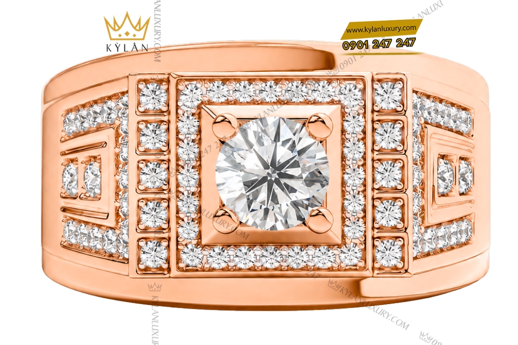 Nhẫn nam vàng hồng Au750 đính kim cương