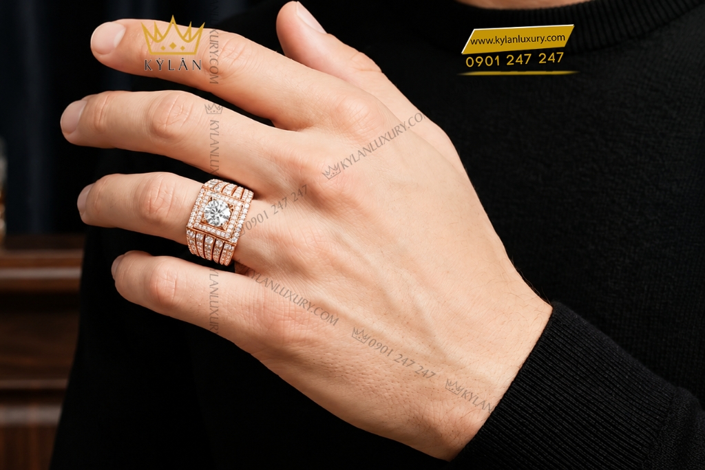 Kỳ Lân Luxury Nhan nam vang hong Au750 dinh kim cuong 8 2 Nhẫn nam vàng hồng Au750 đính kim cương