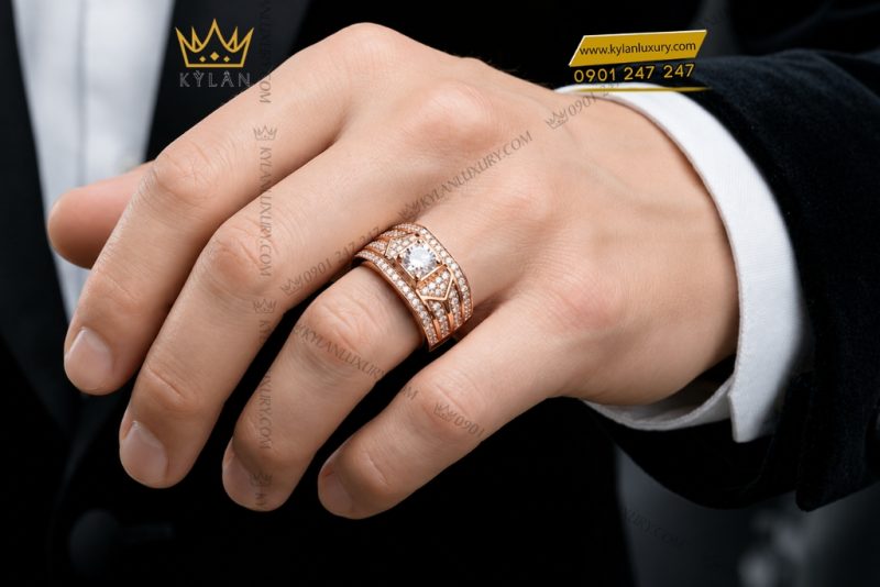 Nhẫn nam vàng hồng Au750 đính kim cương