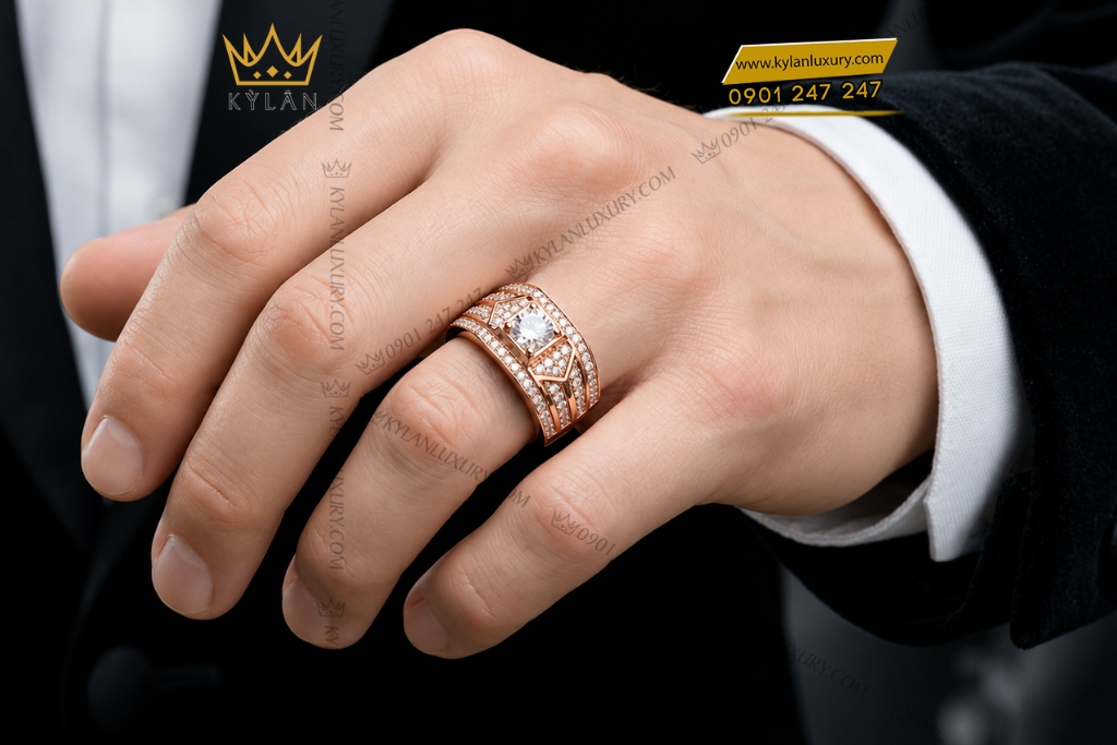 Kỳ Lân Luxury Nhan nam vang hong Au750 dinh kim cuong 8 3 Nhẫn nam vàng hồng Au750 đính kim cương