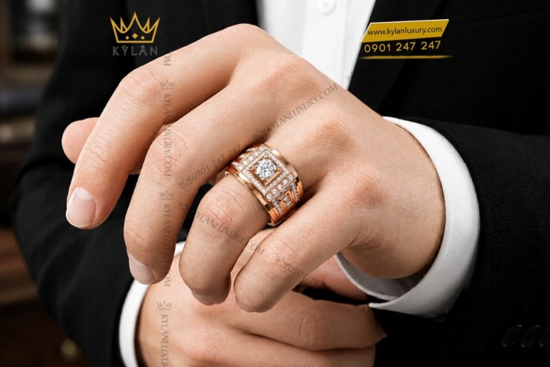 Nhẫn nam vàng hồng Au750 đính kim cương