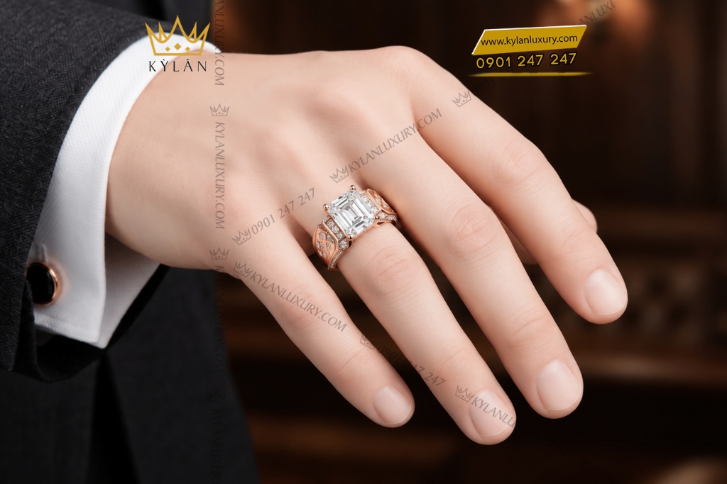 Nhẫn nam vàng hồng Au750 đính kim cương