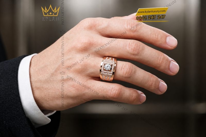 Nhẫn nam vàng hồng Au750 đính kim cương
