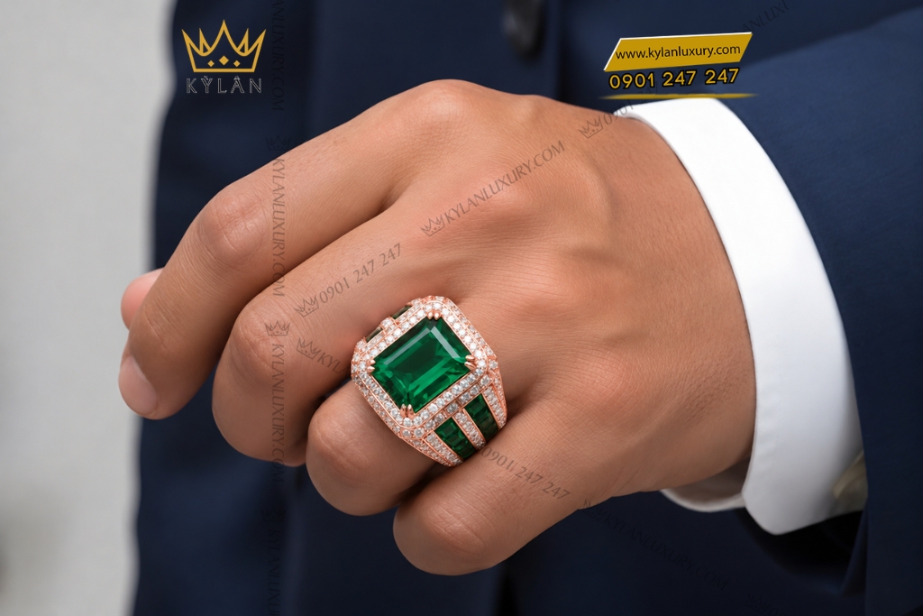 Kỳ Lân Luxury Nhan nam vang hong Au750 dinh kim cuong va da ngoc luc bao 10 Nhẫn nam vàng hồng Au750 đính kim cương và đá ngọc lục bảo
