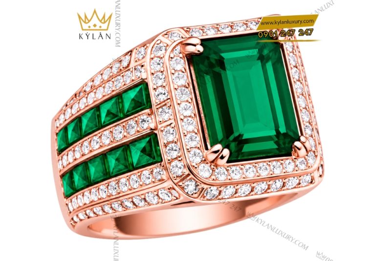 Nhẫn nam vàng hồng Au750 đính kim cương và đá ngọc lục bảo