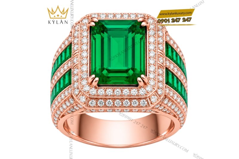 Nhẫn nam vàng hồng Au750 đính kim cương và đá ngọc lục bảo