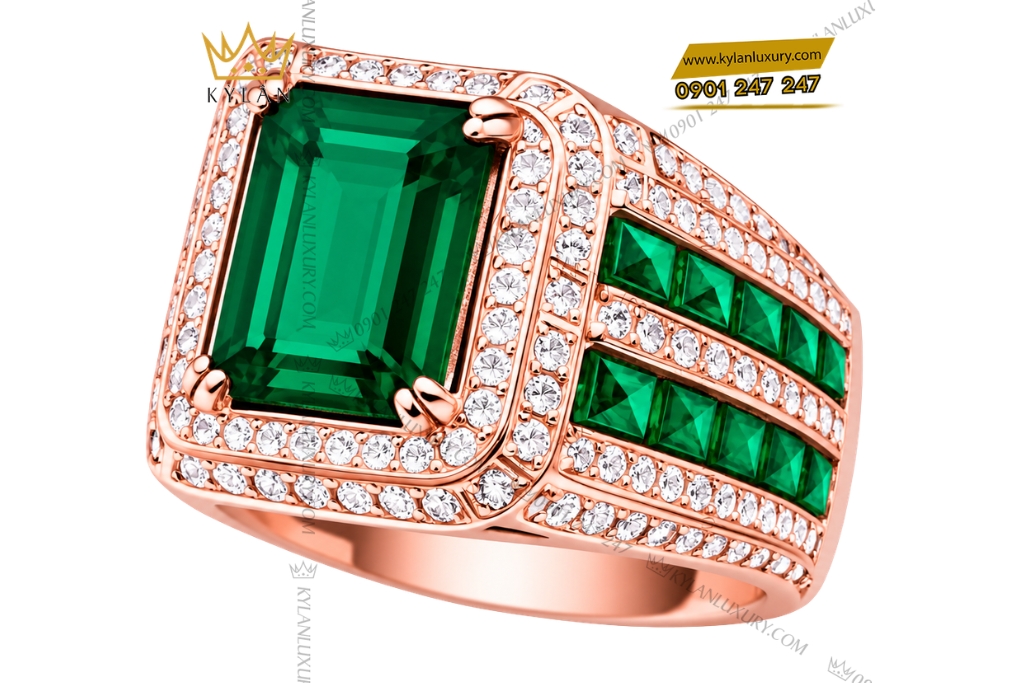 Kỳ Lân Luxury Nhan nam vang hong Au750 dinh kim cuong va da ngoc luc bao 5 Nhẫn nam vàng hồng Au750 đính kim cương và đá ngọc lục bảo