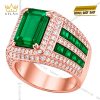 Nhẫn nam vàng hồng Au750 đính kim cương và đá ngọc lục bảo