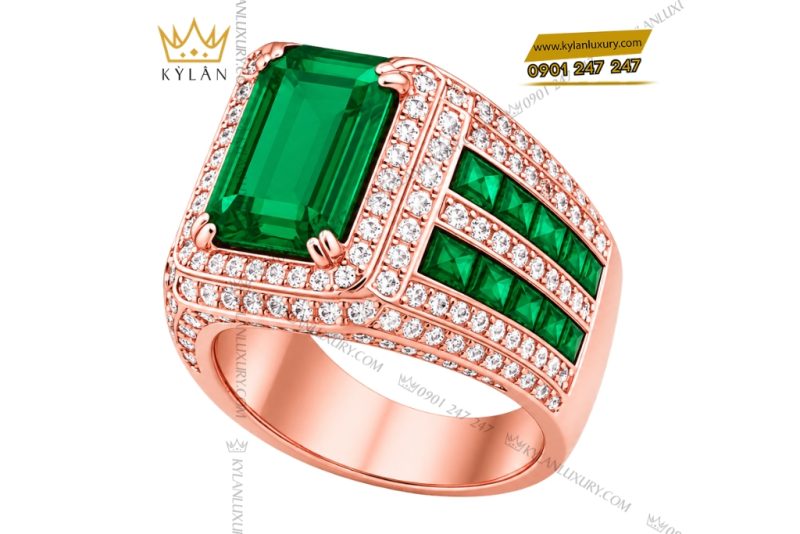Nhẫn nam vàng hồng Au750 đính kim cương và đá ngọc lục bảo
