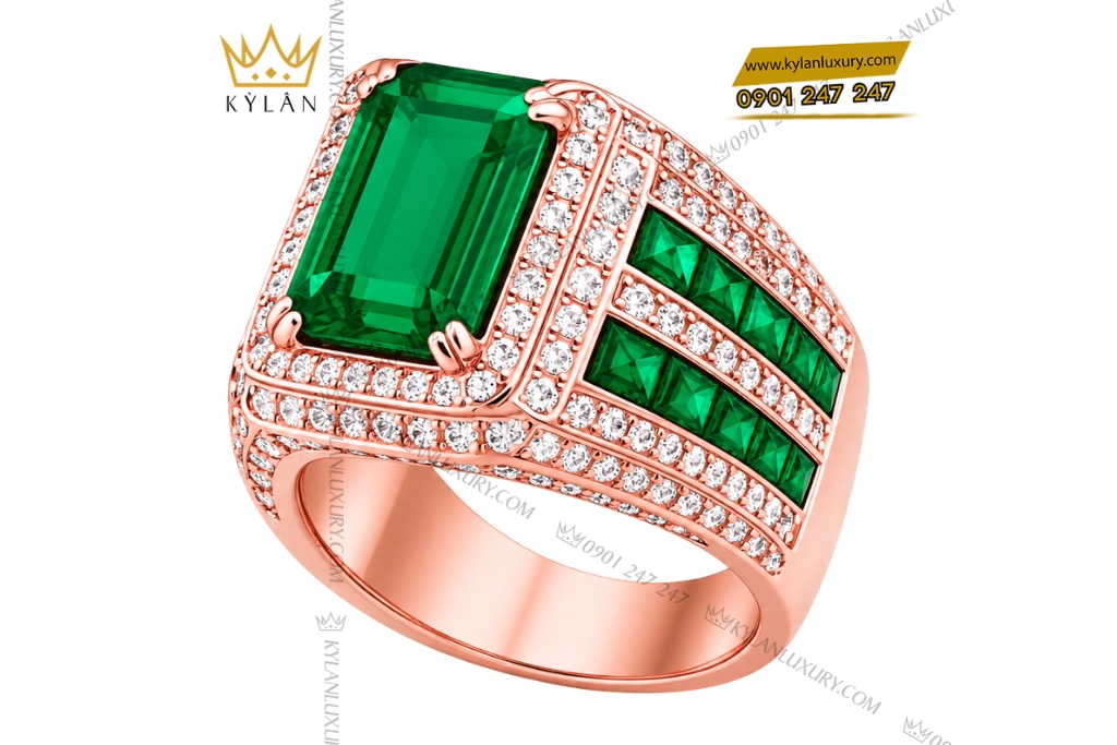 Nhẫn nam vàng hồng Au750 đính kim cương và đá ngọc lục bảo