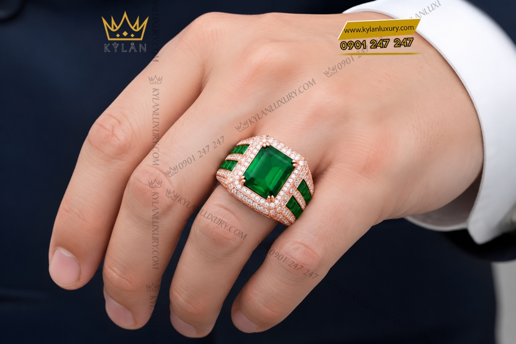 Nhẫn nam vàng hồng Au750 đính kim cương và đá ngọc lục bảo