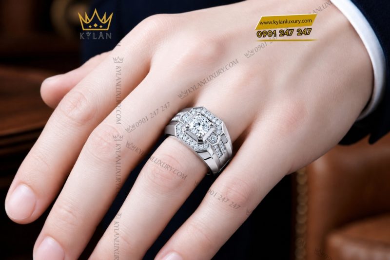 Nhẫn nam vàng trắng Au750 đính kim cương