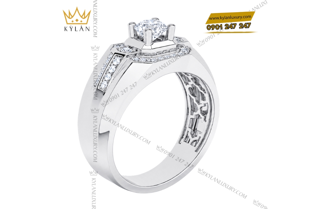 Kỳ Lân Luxury Nhan nam vang trang Au750 dinh kim cuong 3 Nhẫn nam vàng trắng Au750 đính kim cương