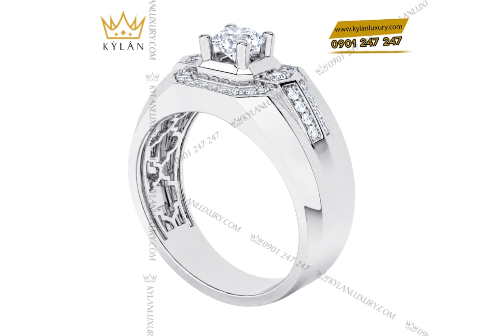 Kỳ Lân Luxury Nhan nam vang trang Au750 dinh kim cuong 6 Nhẫn nam vàng trắng Au750 đính kim cương
