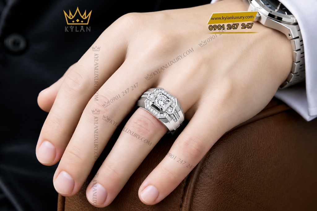 Nhẫn nam vàng trắng Au750 đính kim cương