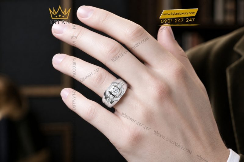 Nhẫn nam vàng trắng Au750 đính kim cương