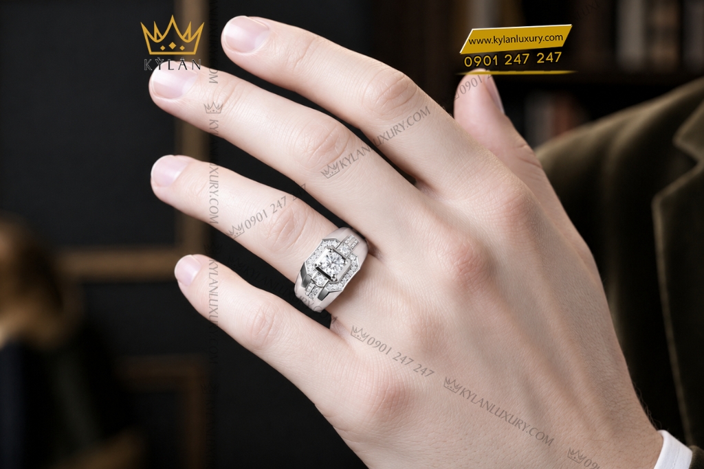 Kỳ Lân Luxury Nhan nam vang trang Au750 dinh kim cuong 9 Nhẫn nam vàng trắng Au750 đính kim cương