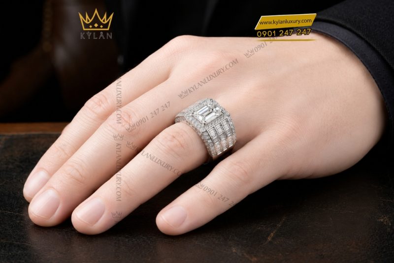 Nhẫn nam vàng trắng Au750 đính kim cương baguette