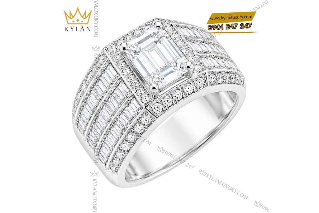 Kỳ Lân Luxury Nhan nam vang trang Au750 dinh kim cuong baguette 4 Nhẫn nam vàng trắng Au750 đính kim cương baguette