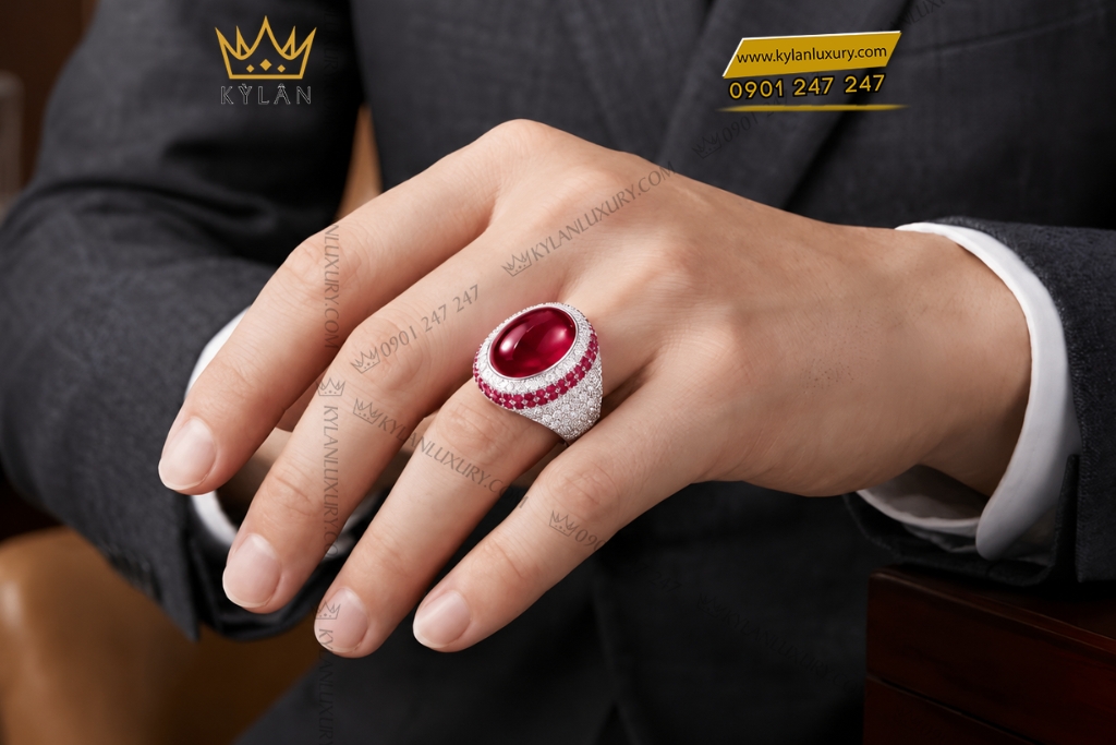 Nhẫn nam vàng trắng Au750 đính kim cương và sapphire đỏ