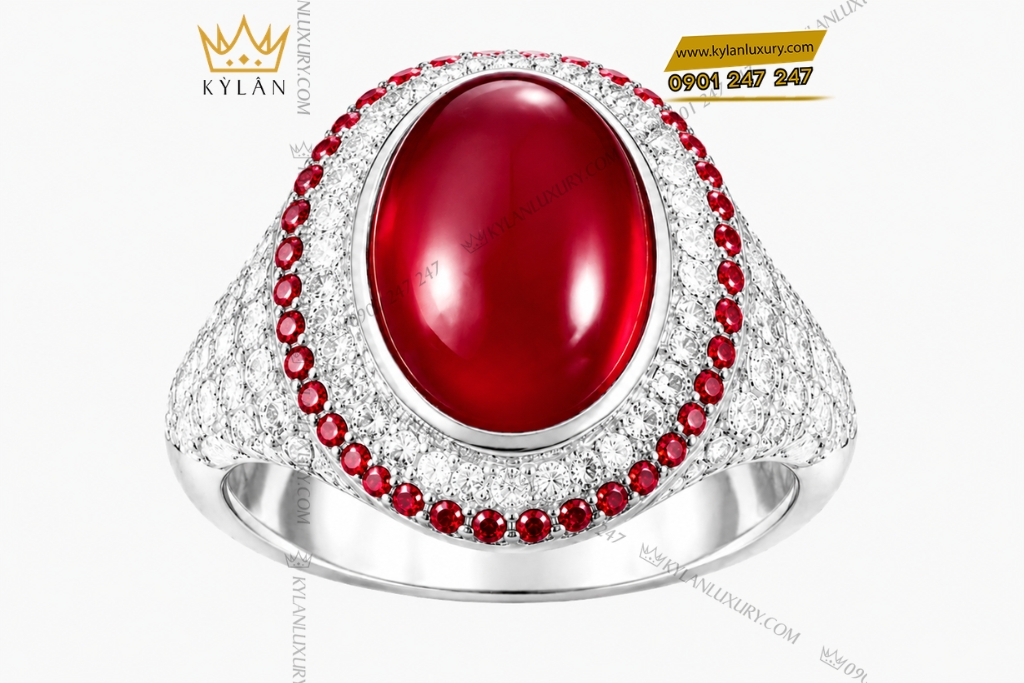 Nhẫn nam vàng trắng Au750 đính kim cương và sapphire đỏ
