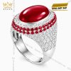 Nhẫn nam vàng trắng Au750 đính kim cương và sapphire đỏ