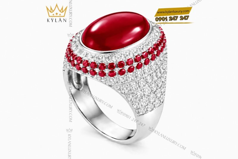 Nhẫn nam vàng trắng Au750 đính kim cương và sapphire đỏ