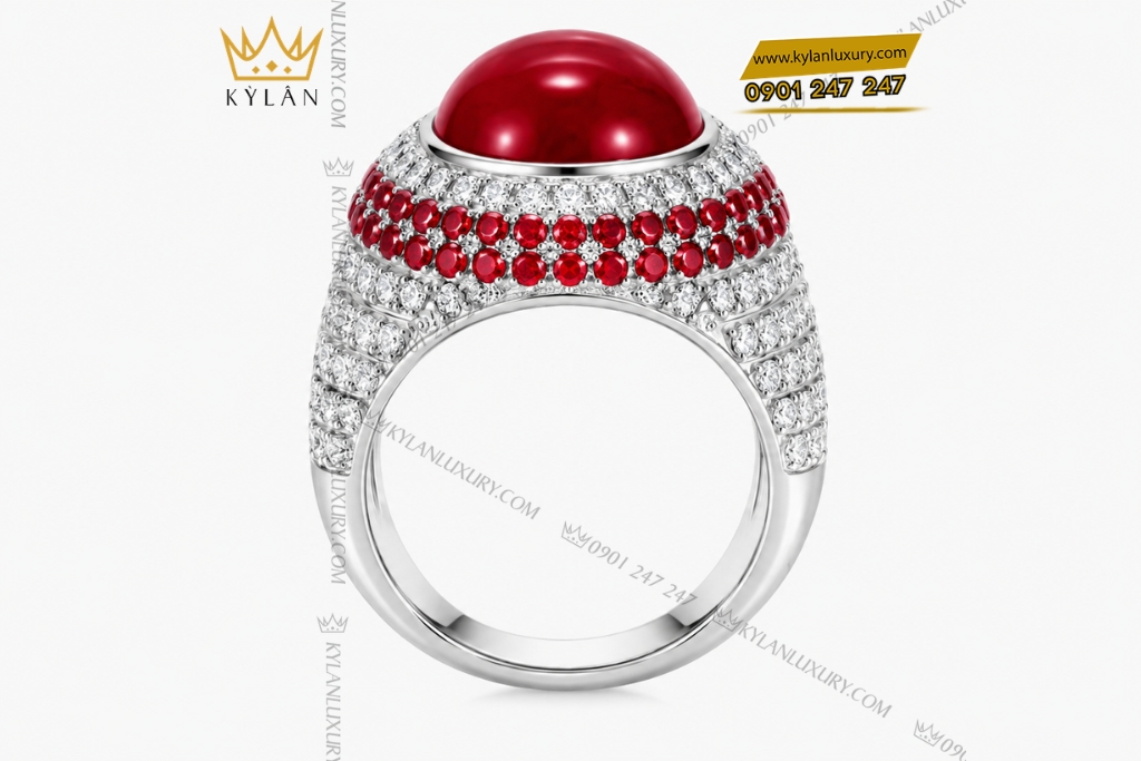 Nhẫn nam vàng trắng Au750 đính kim cương và sapphire đỏ