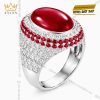 Nhẫn nam vàng trắng Au750 đính kim cương và sapphire đỏ