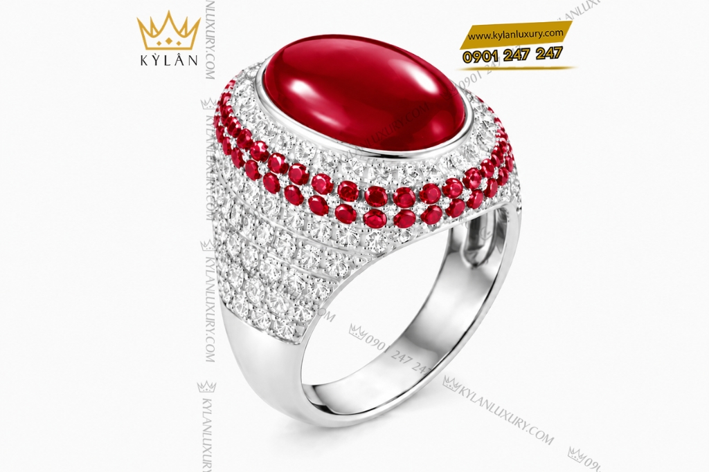Kỳ Lân Luxury Nhan nam vang trang Au750 dinh kim cuong va sapphire do 5 Nhẫn nam vàng trắng Au750 đính kim cương và sapphire đỏ