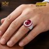 Nhẫn nam vàng trắng Au750 đính kim cương và sapphire đỏ