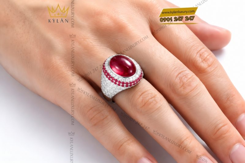 Nhẫn nam vàng trắng Au750 đính kim cương và sapphire đỏ