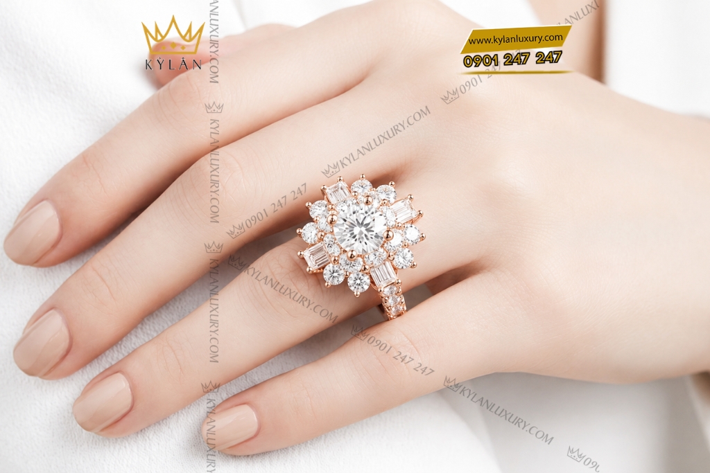 Nhẫn nữ vàng hồng Au750 đính kim cương
