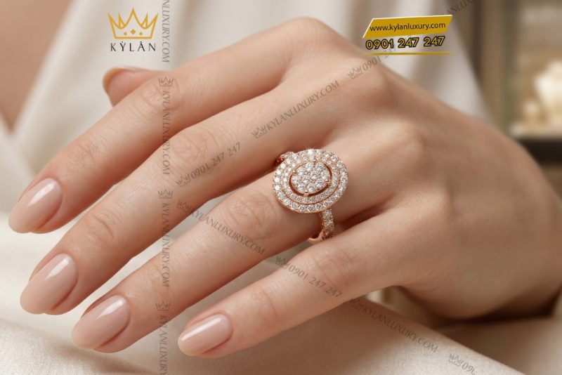 Nhẫn nữ vàng hồng Au750 đính kim cương
