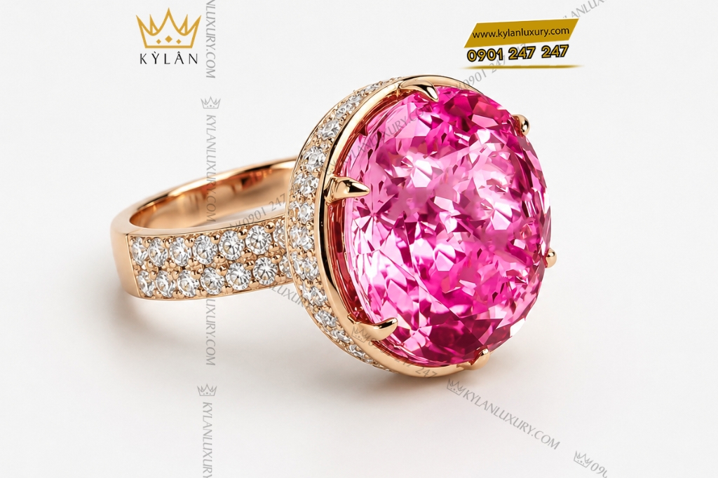 Kỳ Lân Luxury Nhan nu vang hong Au750 dinh vien chu sapphire hong 2 1 Nhẫn nữ vàng hồng Au750 đính viên chủ sapphire hồng