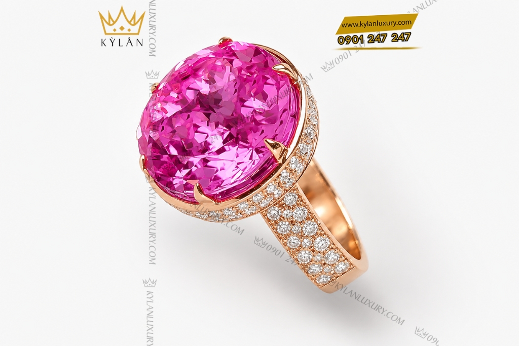 Kỳ Lân Luxury Nhan nu vang hong Au750 dinh vien chu sapphire hong 4 1 Nhẫn nữ vàng hồng Au750 đính viên chủ sapphire hồng