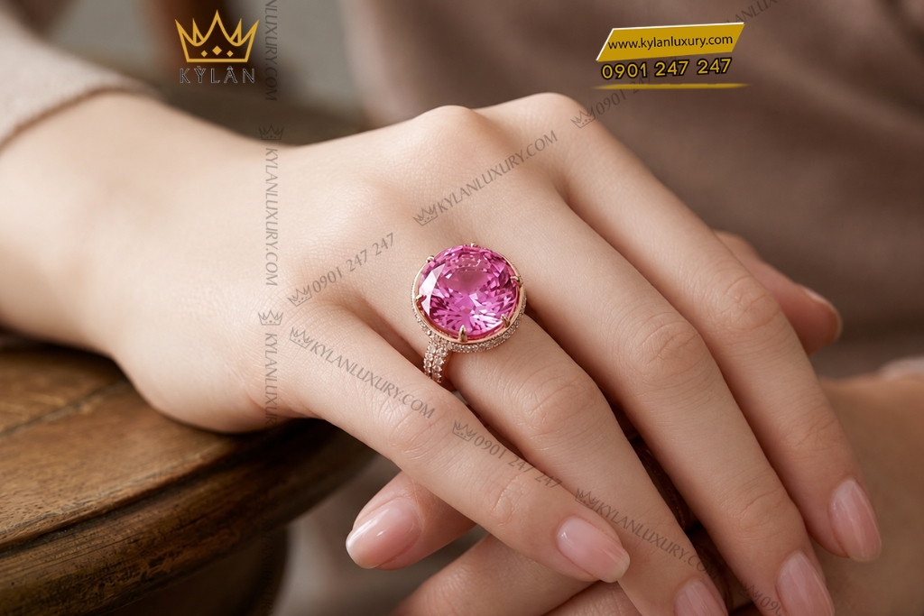 Nhẫn nữ vàng hồng Au750 đính viên chủ sapphire hồng