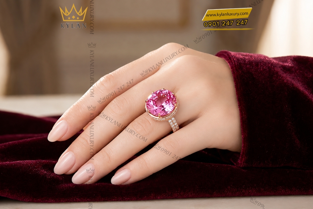 Nhẫn nữ vàng hồng Au750 đính viên chủ sapphire hồng