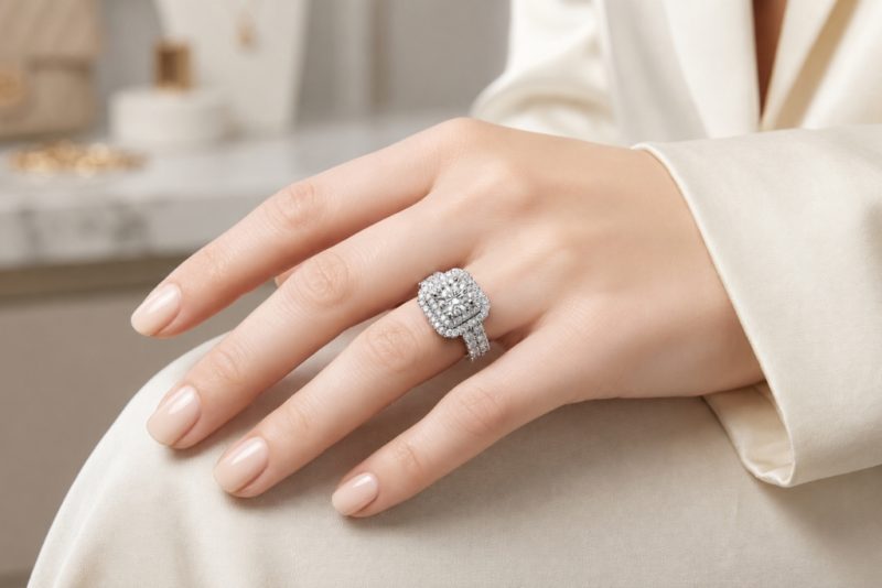 Nhẫn nữ vàng trắng Au750 đính kim cương