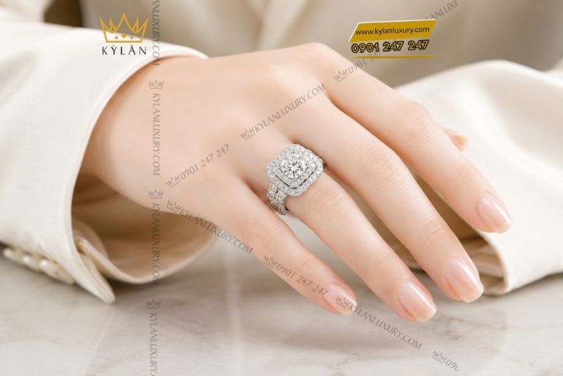 Nhẫn nữ vàng trắng Au750 đính kim cương