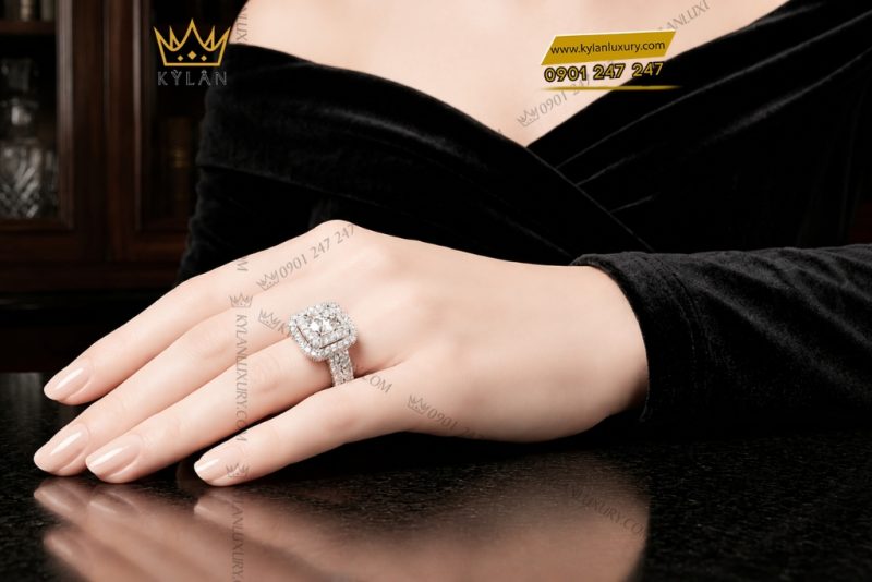 Nhẫn nữ vàng trắng Au750 đính kim cương
