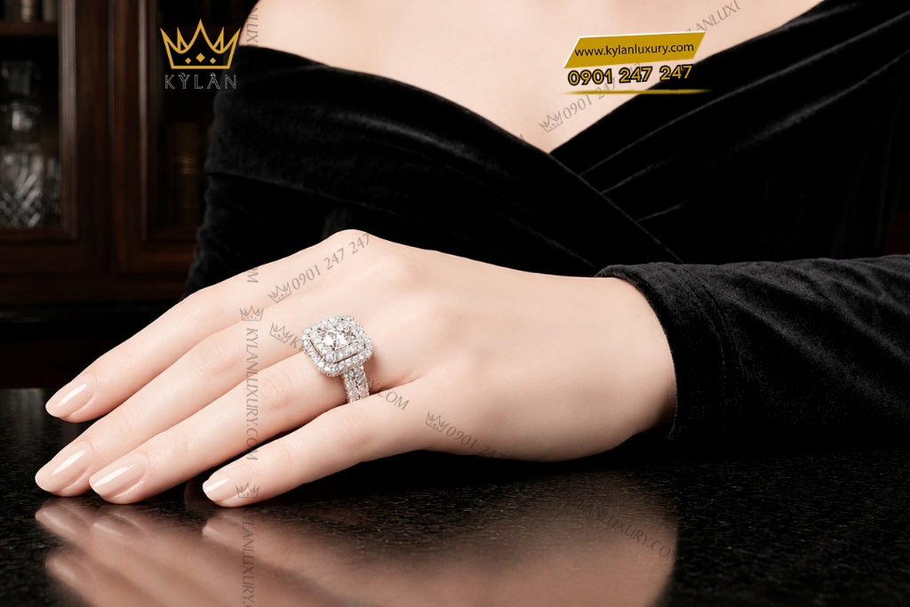 Nhẫn nữ vàng trắng Au750 đính kim cương